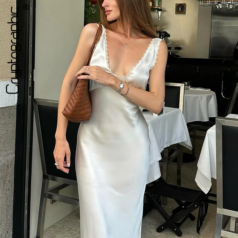 

Cryptographic Elegant Silky Maxi Dress for Women Party Club Outfits Sleeveless Draped V Neck Sexy White Fairy Sun Dresses Chic