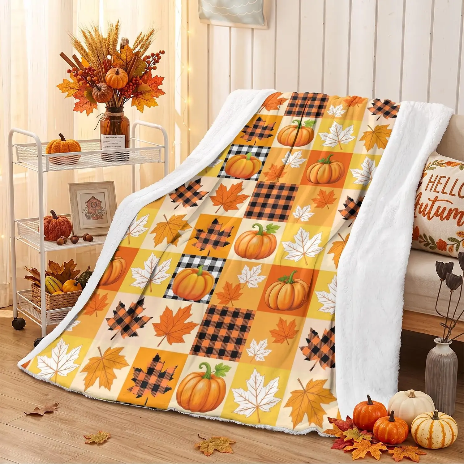 Fall Flannel Throw Blanket, Pumpkin Maple Leaf Thanksgiving Soft Cozy Blanket for Sofa Couch Bed Bedroom Autumn Harvest Home Decor Gift