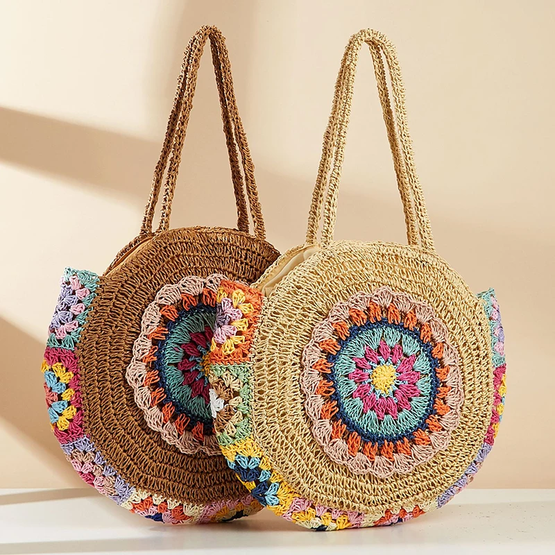 Ethnic Style Round Straw Weaving Fashion Shoulder Bag Summer Handmade Woven Beach Underarm Bags Women\'s Large Capacity Tote Bag