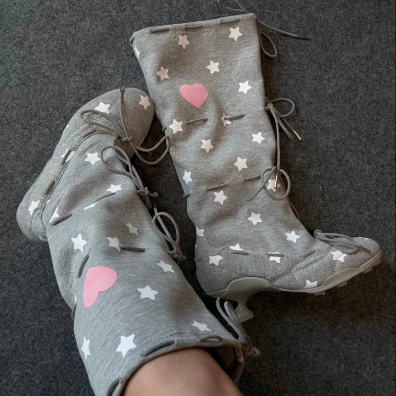 Korean Style Star Tie Long Boots Women's Round Head Low Heel Fashion Boots Summer New High Tube Booties Elastic Fabric