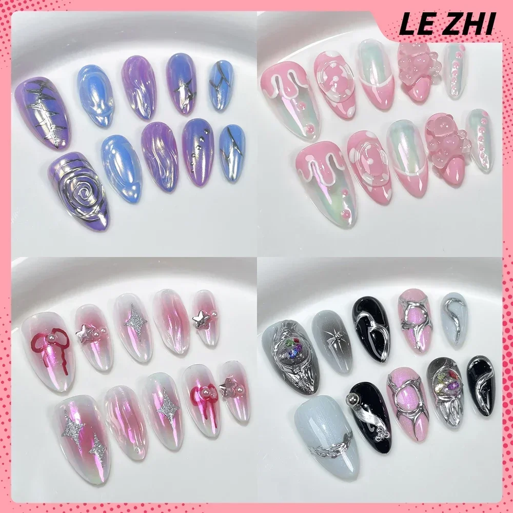 

Almond Bow Aurora Powder Press On Nails Handmade Bear Butterfly Summer Magic Mirror Pink Cat Eyes Fake Nails Party Stickers