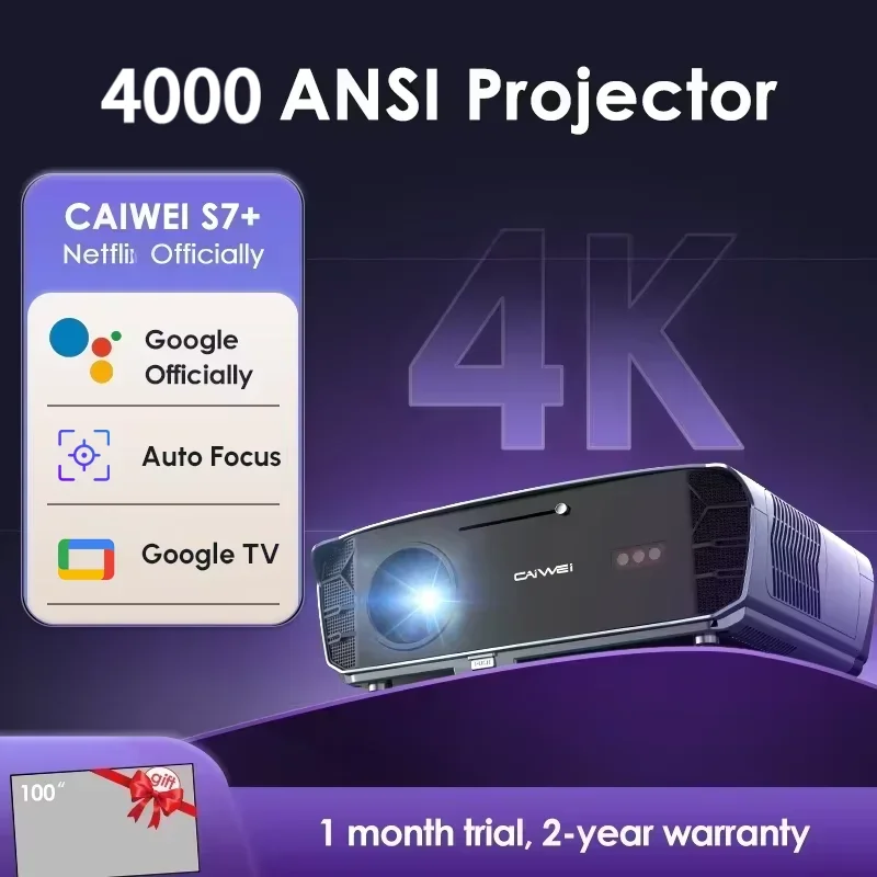

Проектор CAIWEI S7+ 4K Ultra HD, 4000 ANSI люмен, для домашнего кинотеатра, Android, для фильмов, с автофокусом, Smart TV, для улицы