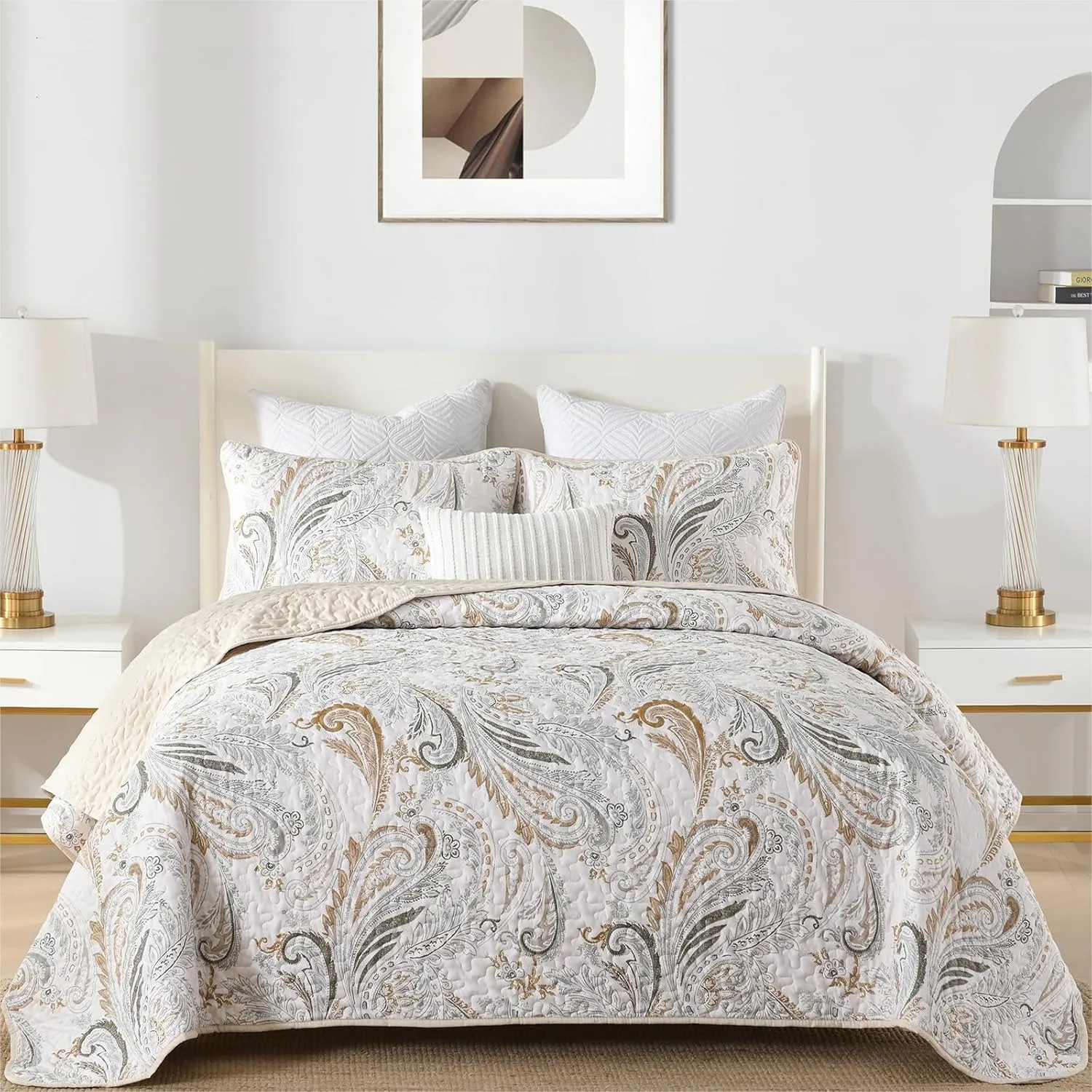 

Boho Quilt Set Queen, Beige Paisley Floral Bedspread Coverlet with 2 Pillowcases, Lightweight Microfiber Bohemian Bedding Set