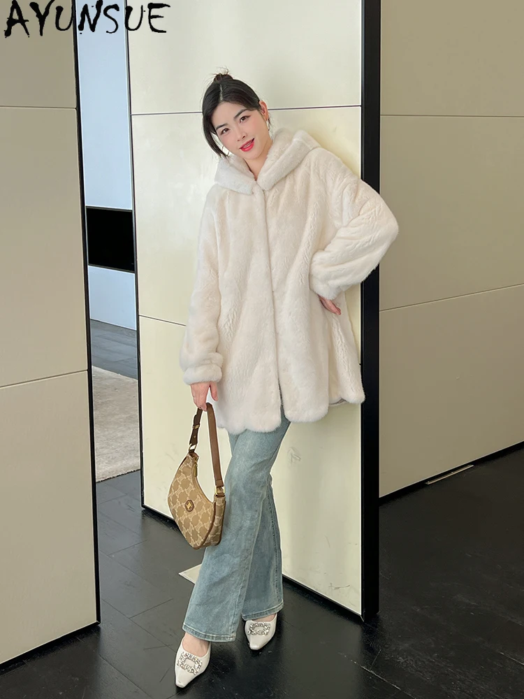 เสื้อโค้ทขนมิงค์กำมะหยี่ธรรมชาติ AYUNSUE เสื้อโค้ทขนมิงค์เต็มตัวมีฮู้ดสำหรับผู้หญิง เสื้อผ้าคุณภาพสูง เสื้อโค้ทฤดูหนาว 2025 Abrigo Mujer