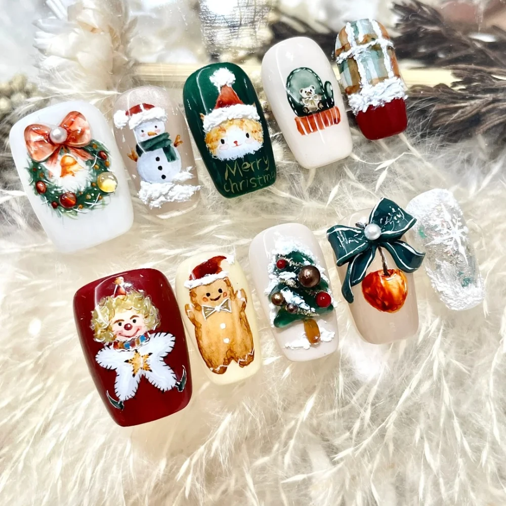 10 Pcs Handmade Press On Nails Winter Christmas New Luxury Cute Style Limited Short Fake Nails Design Art DIY Nail with Set