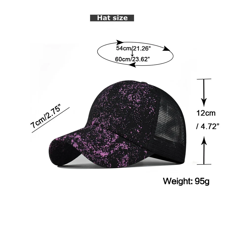 Women Color Printing Fashion Breathable Ponytail Baseball Cap Casual Summer Snapback Hat Purple trend Satin Mesh hat