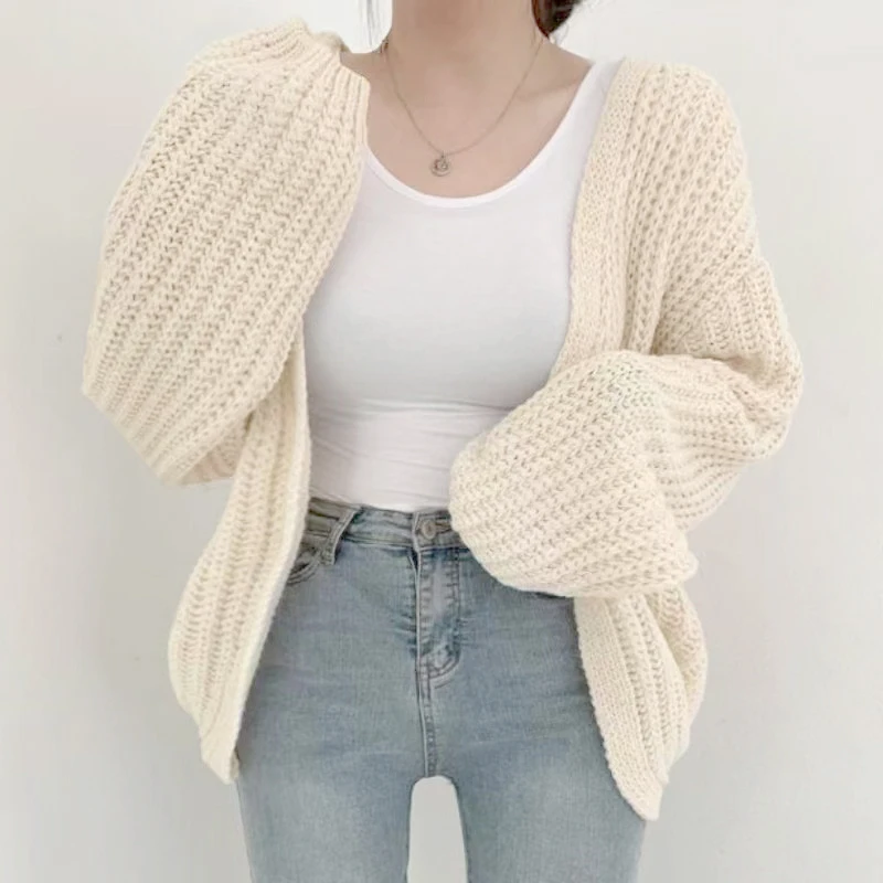 Autumn And Winter New Women\'s Lazy Vintage Solid Color Loose Versatile Knitted Cardigan Leisure Lantern Sleeve Sweater Coat