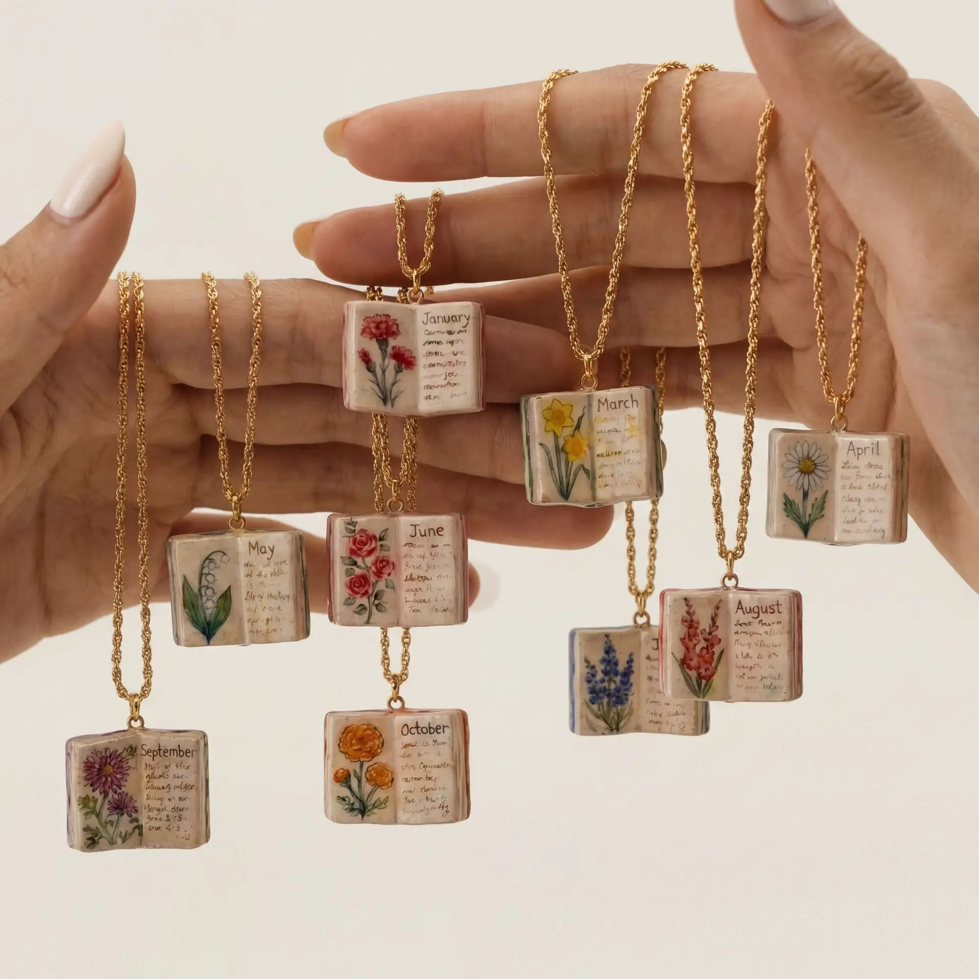 Birthday Month Gift - Ceramic-Style Flower Message Blessing Pendant Necklace Retro Book Birthday Gift for Girls/Mothers/Couples