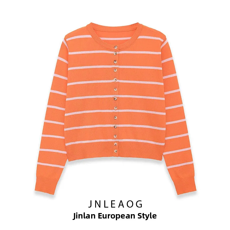 

JNLEAOG Spring New Women's Knitted round Neck Striped Color Block Versatile Fashionable Polyester Long Sleeve Casual Top