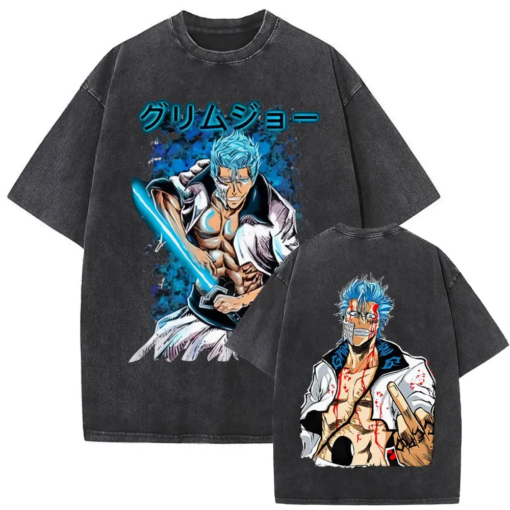 

Washed Vintage Anime Bleach Grimmjow Double Sided Print T-shirt Men Women Casual Cotton Oversized Crewneck T-shirts Streetwear