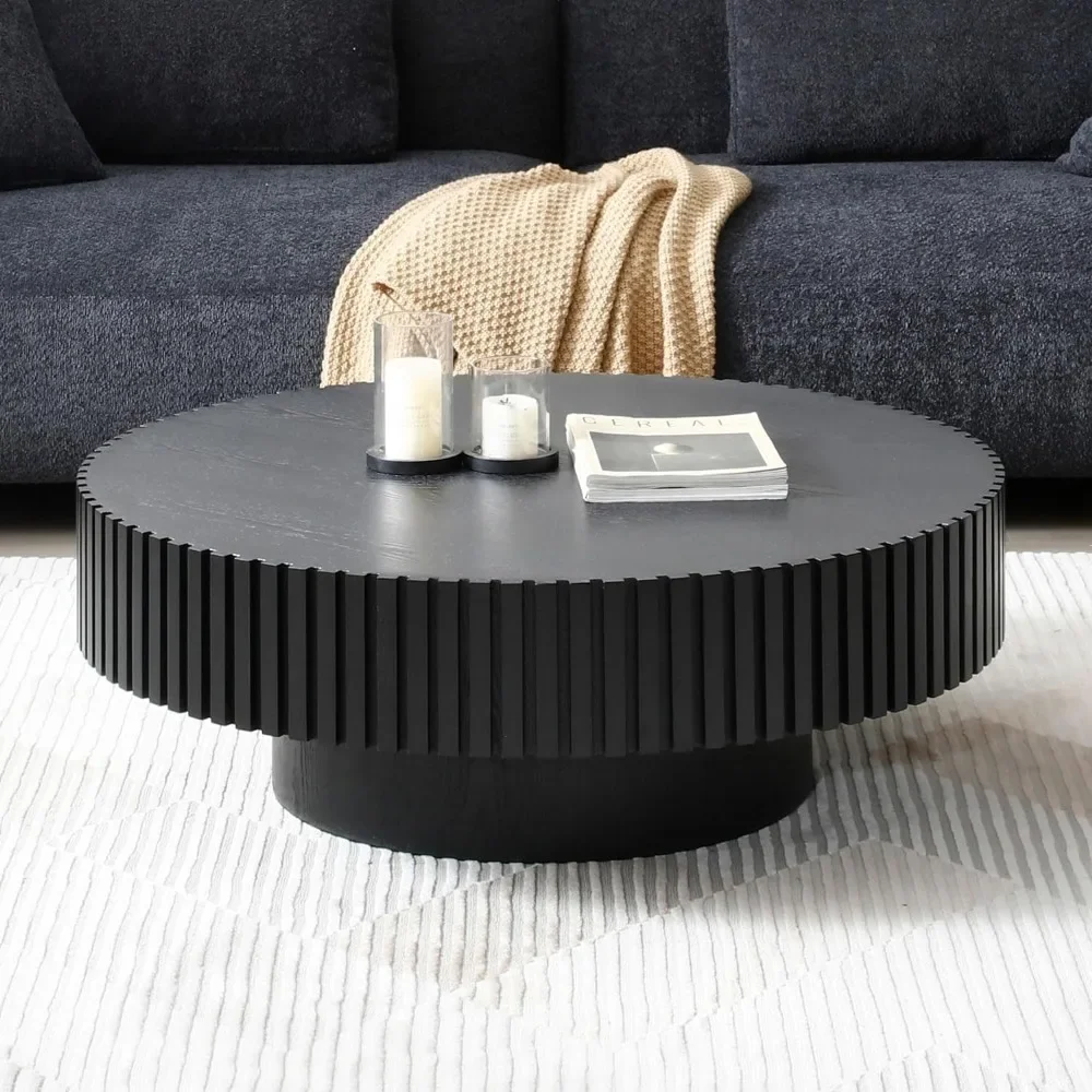 Round Coffee Table Wood End Tables for Living Room,Modern Circle Fluted Drum Side Tables, Easy Assembly,minimalist Coffee Table