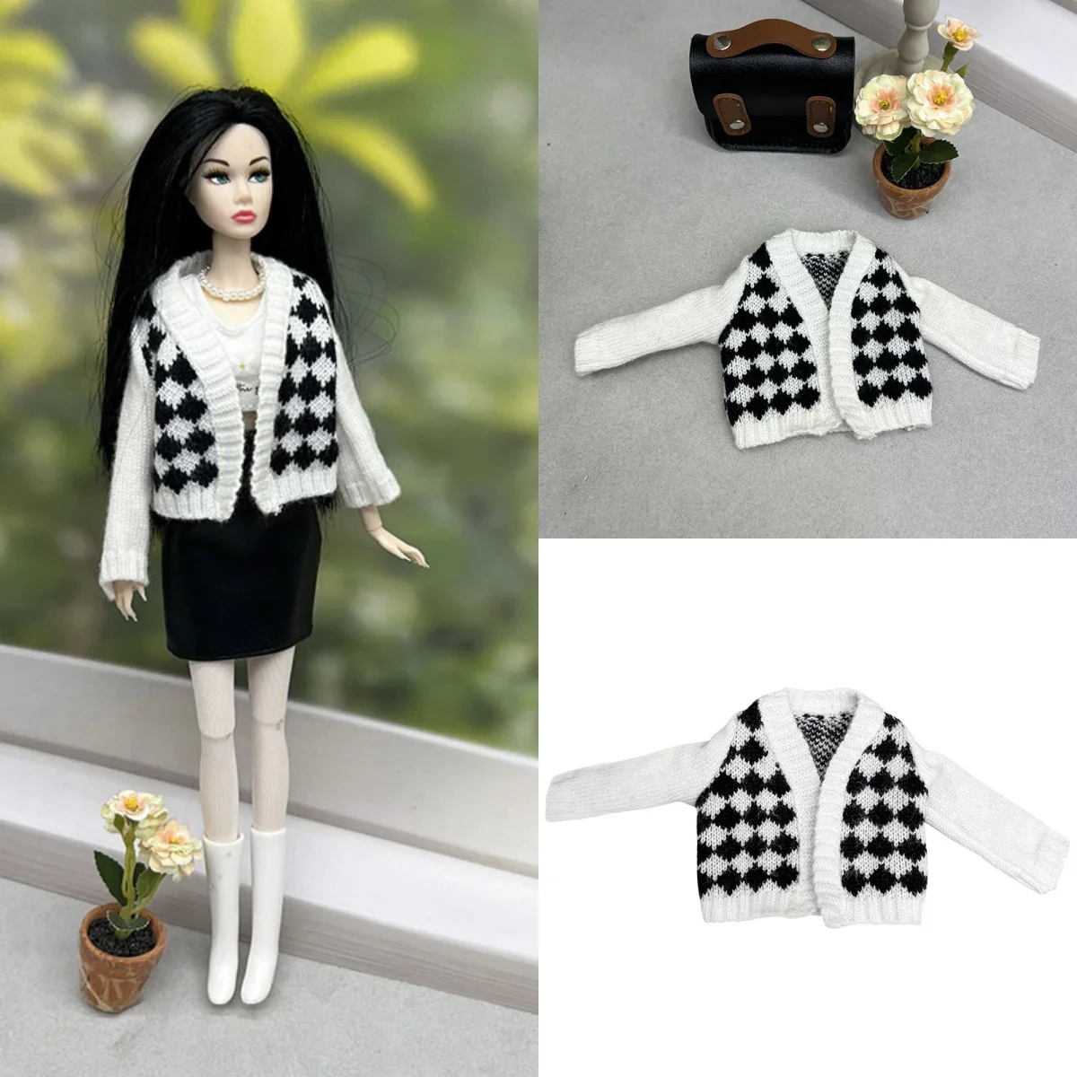 Autumn/Winter Retro Versatile Black White Diamond-pattern V-neck Cardigan For 1/6 Babi Xianxian Supermodel Doll Clothes Parts