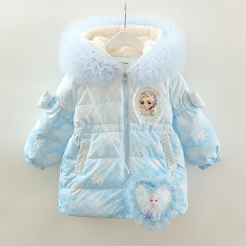 

Детские пальто с капюшоном Disney, модная верхняя одежда принцессы Эльзы с мультяшным принтом, осенне-зимний утепленный теплый пуховик для девочек