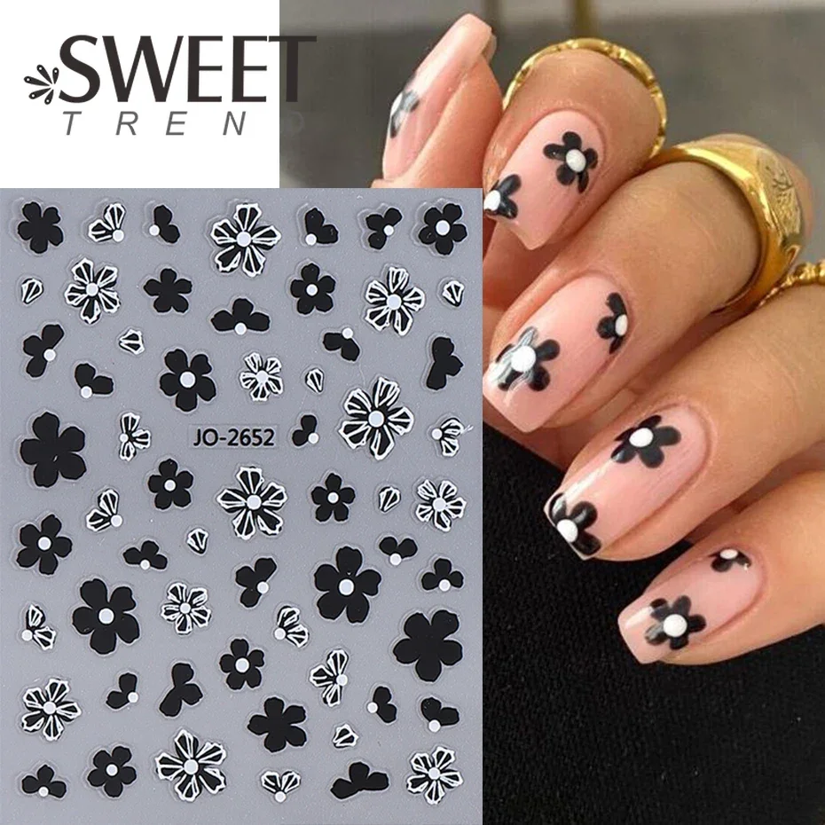 3D Black French Flower Nail Stickers Simple Gold Silver Petal Nail Decals Sliders For Autumn Nail Supplies Manicure Decoration