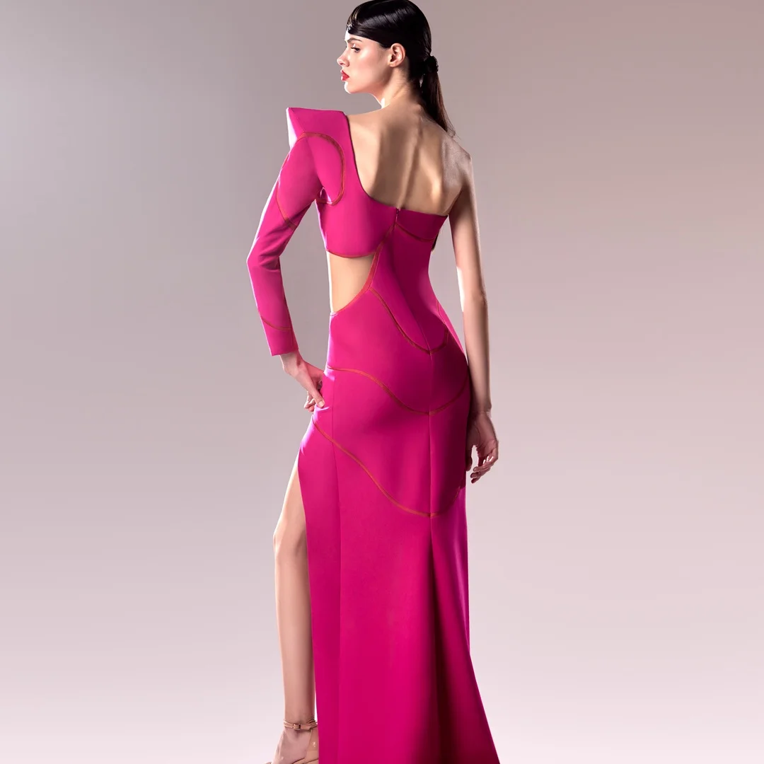 تخصيص عالية الجودة جيرسي مستقيم واحد الكتف فساتين السهرة طويلة الأكمام سستة الظهر لوحة قطار العودة للوطن D #3