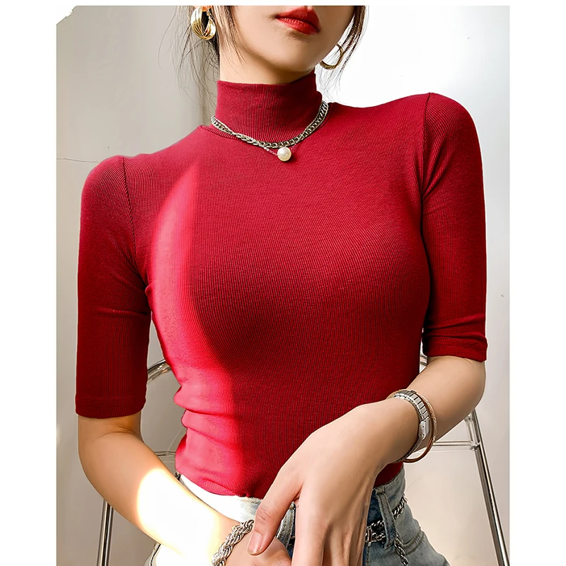 Black Short Sleeve T-shirt Women Basic Turtleneck Slim T Shirt Cotton Ladies Tshirt Casual Elasticity Tee Shirt Femme Woman Top