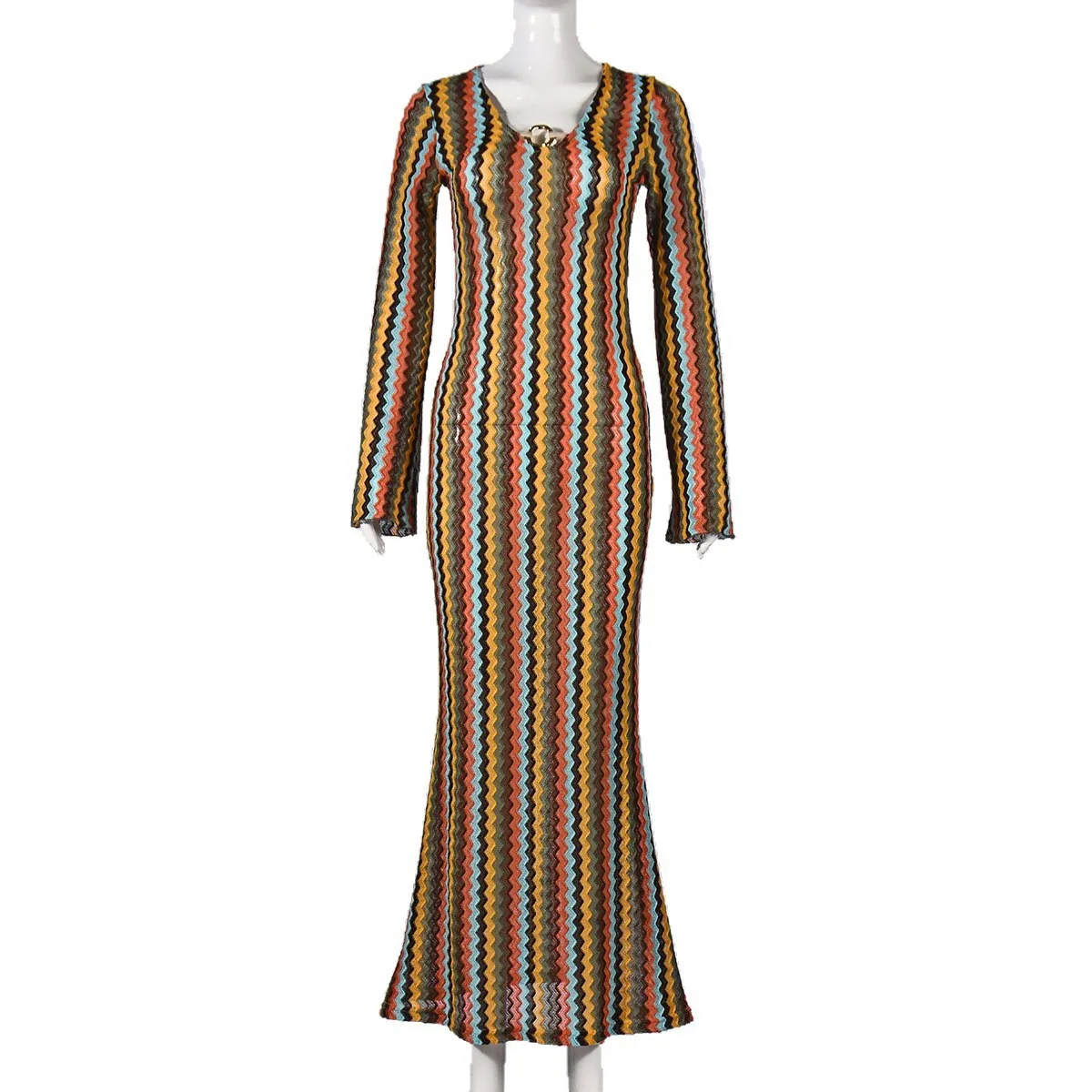 Long Sleeve Hooded Dress Mid Waist Elegant and Refined with Autumn Commuter Style V Neck Maxi Length Yarn Dyed Women Dress
