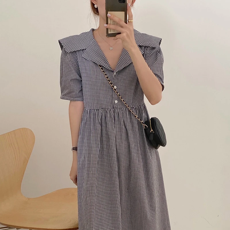 Chic rétro Plaid taille-colletée genou longueur ort-Sve irt Dr femmes Faionable col rabattu fermeture à bouton t-shirt