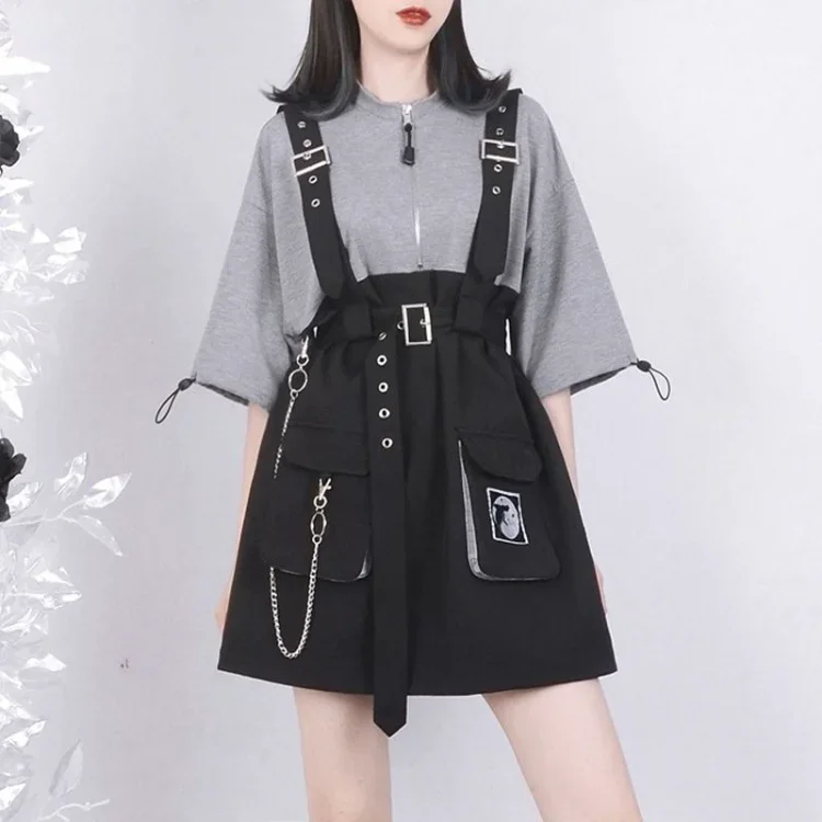 Summer Aesthetics Short Sleeve Dress for Women Y2k E-Girl Detachable Strap Dresses Harajuku Simple Fake Two Piece Vestidos