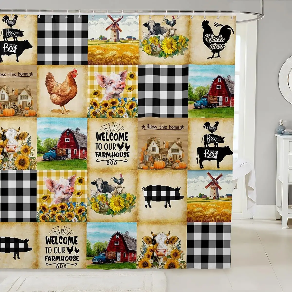 

Rustic Farmhouse Animals Kids Shower Curtains,Girls Boys Adults Cabin Decor,Cartoon Pig Chicken Cow Sunflowers Bathroom Curtains