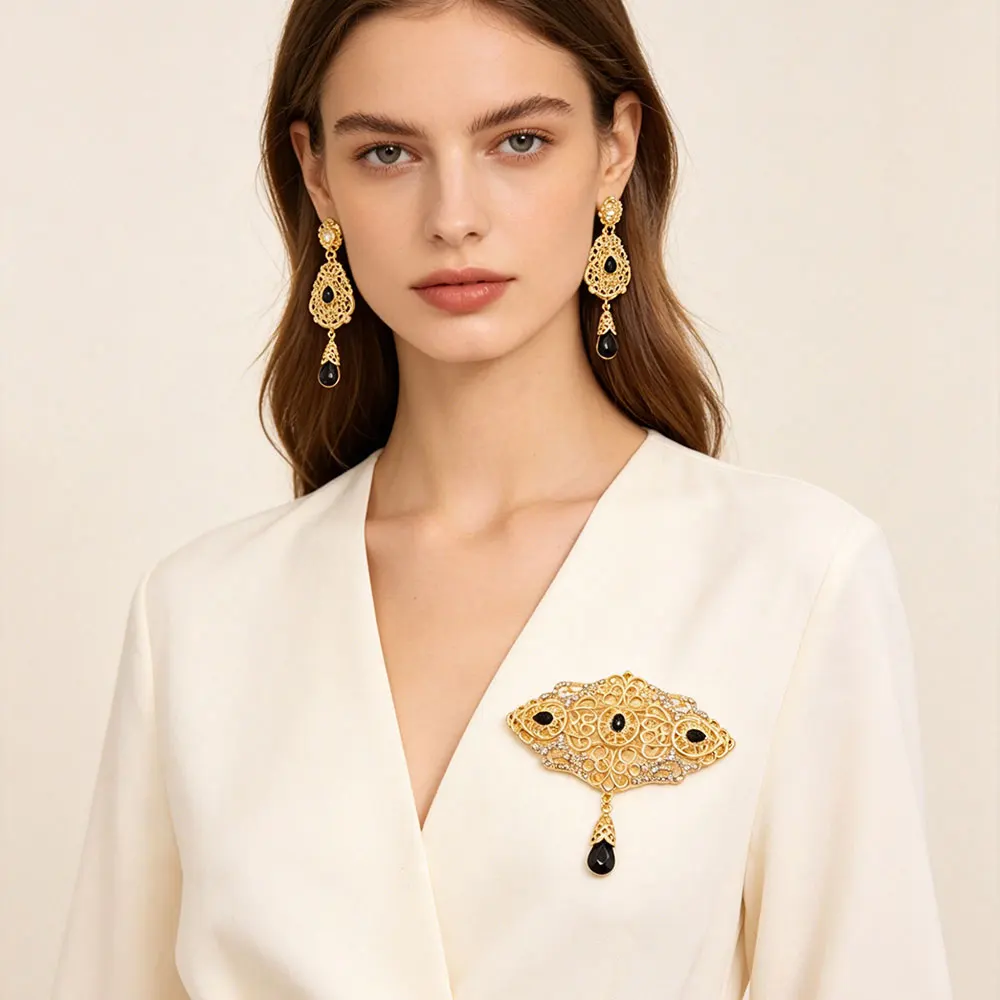 Women Brooch Earrings Morocco Bridal Wedding Jewelry Sets Rhinestones Arabic Scarf Brooch Pin hollow filegree eardrop