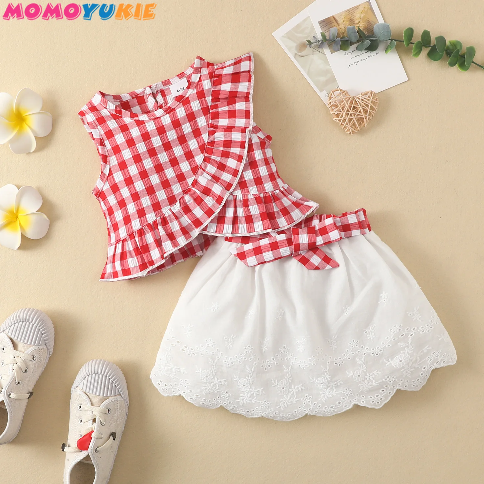 2022 Fashion Newborn Toddler Baby Girls Clothes Sets ruffless plaid Sleeveless Romper Tops Bow Skirts lace 2pcs Outfit Set