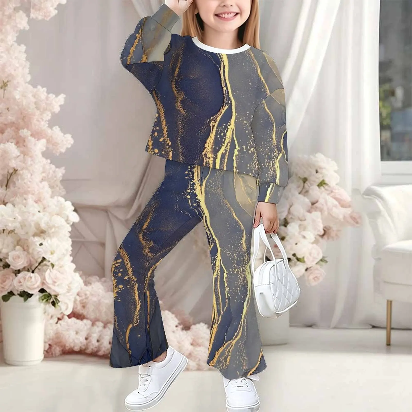Cute Two-Piece Print Bell-bottomed Pants Casual Top Fashion Trousers Autumn Sweatshirt Set Winter Girl's Round-Neck Long Sleeve