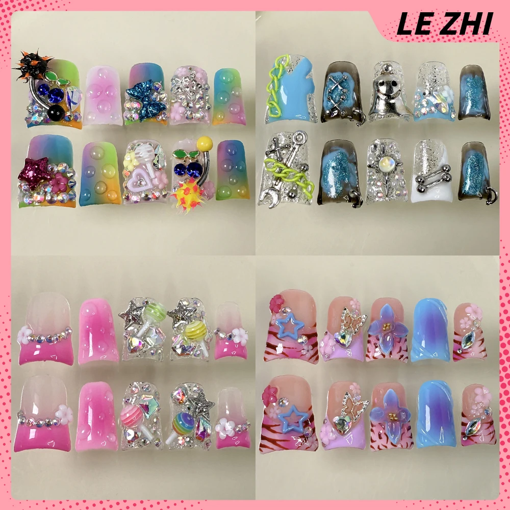 

Y2K French Style Duckbill Handmade Press On Nails Zebra Stripes Glitter Diamond Five-Pointed Star Flowers Full Cover Fake Nails