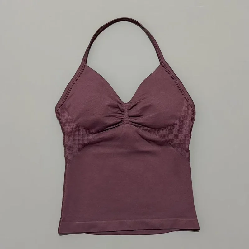 Women Gym Workout Tank Top Halter Neck With Built-in Shelf Bra V Neck Seamless Slim Fit Longline Yoga Top For Running Fitness image 6