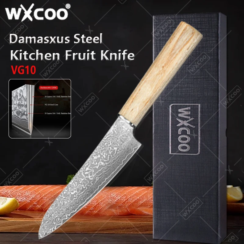 

WXCOO Damascus Steel Knife Fruit Peeler Meat Cleaver Vegetable Slicing Utility Knife VG10 Core Durable Kitchen Knife with Box