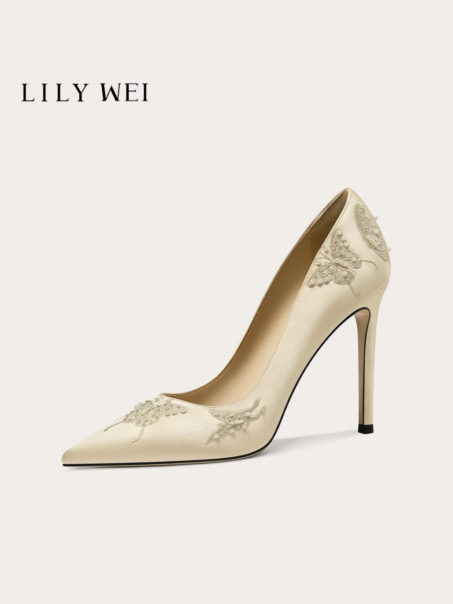Autumn new pointed silk pearl embroidery butterfly fine heels wedding shoes banquet large size small size high heels women shoes