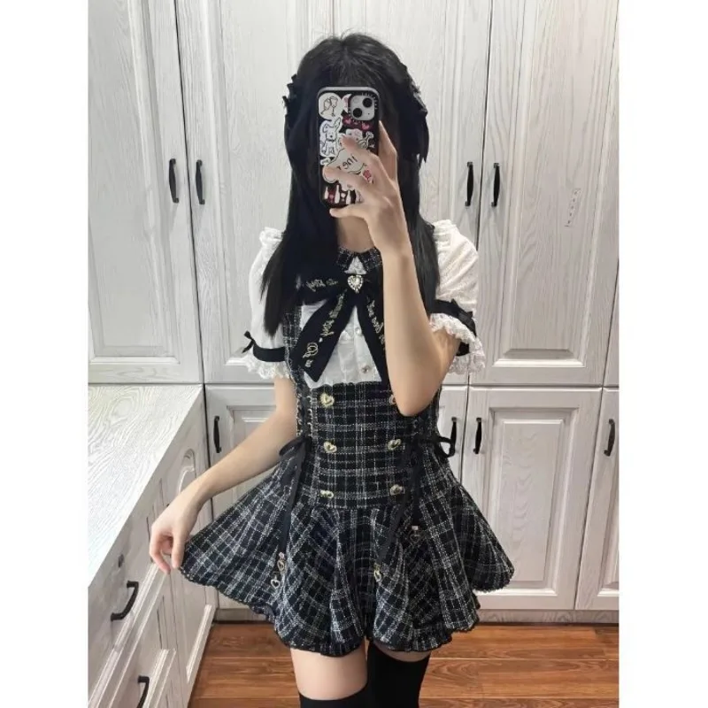 

Gothic Rhinestone Bow Dress Shorts Set Lolita Long Sleeve Slim Plaid Y2k Shirt Dresses Kawaii Two Piece Sets Womens Outifits