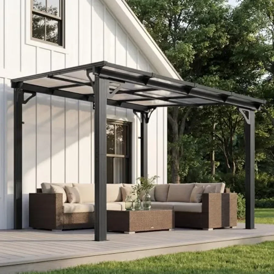 Wall-Mounted Lean to Gazebo with  Fe Polyte Panel Hardtop Pergola with Sloped Roof for Backyard Porch Deck