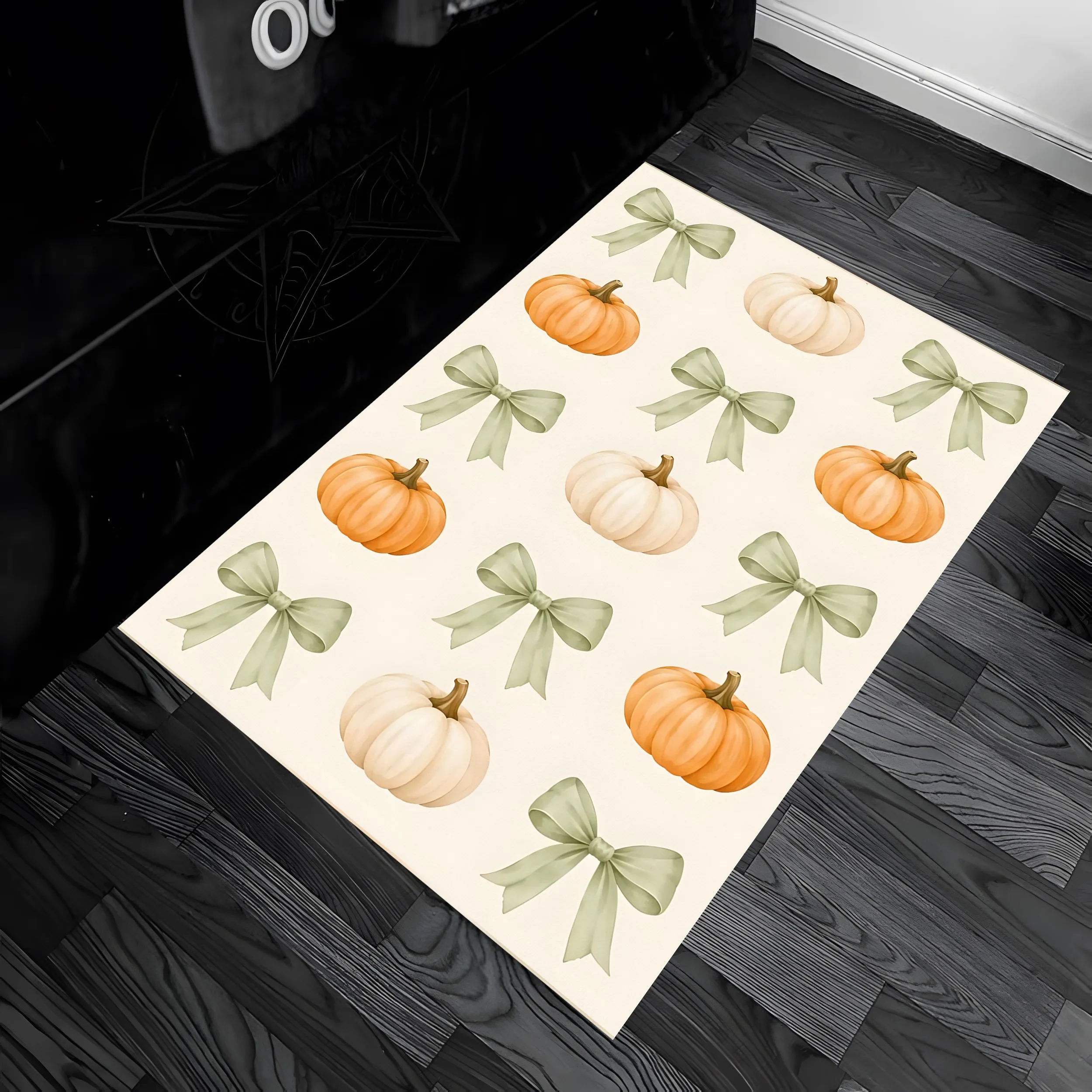 Halloween Carpet 2D Rug Pumpkin Bow Print Fresh Watercolor Style Soft Warm Visual Feel Perfect Autumn Thanksgiving Carpet