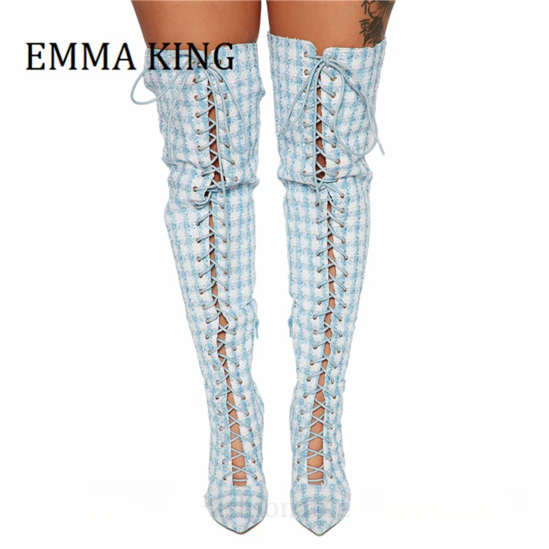 النساء منقوشة الدانتيل يصل الأحذية مثير مدبب تو كعب ستيليتو أحذية طويلة السيدات موضة الأحذية غير سترتش بوتاس دي موهير 44