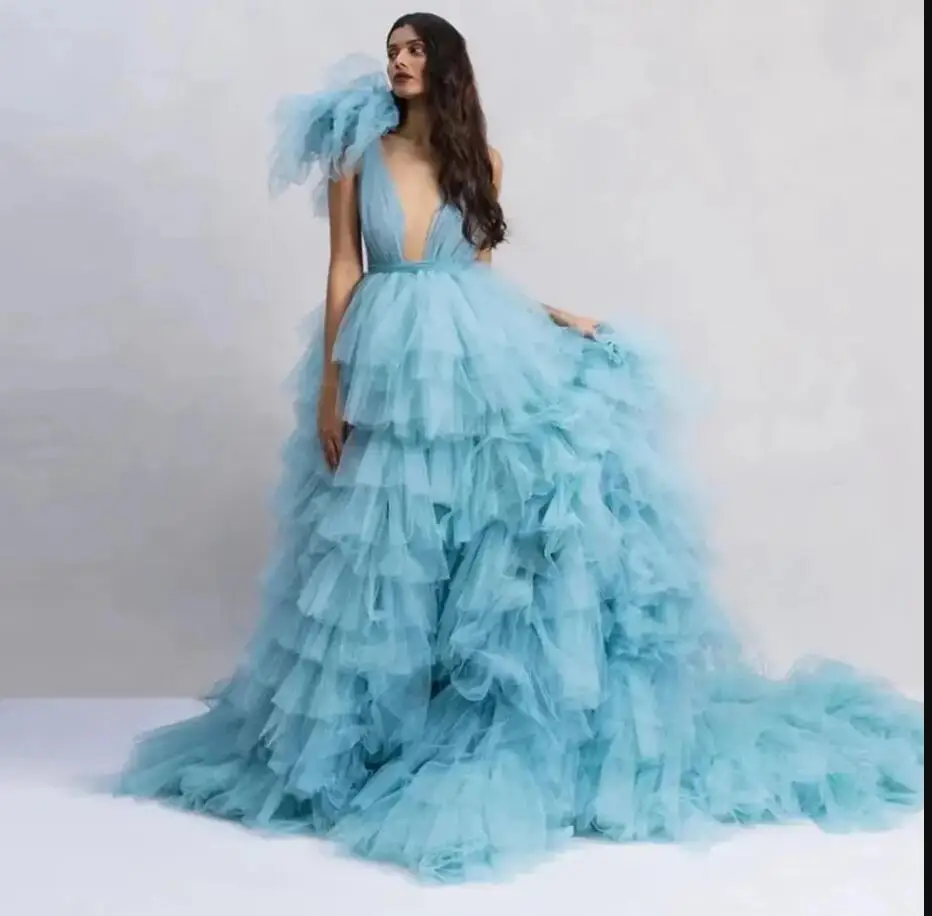 New Blue Puffy Tulle Prom Party Dress Deep V Neck Backless Layered Mesh Bridal Photoshoot Dress Dream Wedding Gown Dress Custom