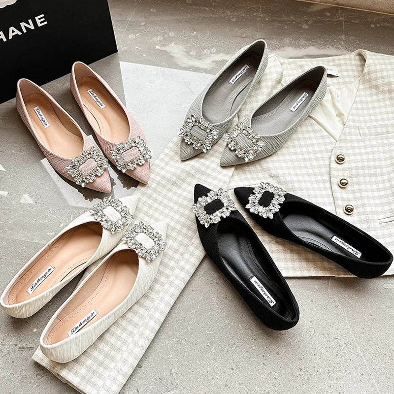 Luxury Striped Fabric Flats Women Sparkle Stone Shoes Ladies Ballets Pointed Toe Office Dress Loafers Woman Brides Wedding Shoes