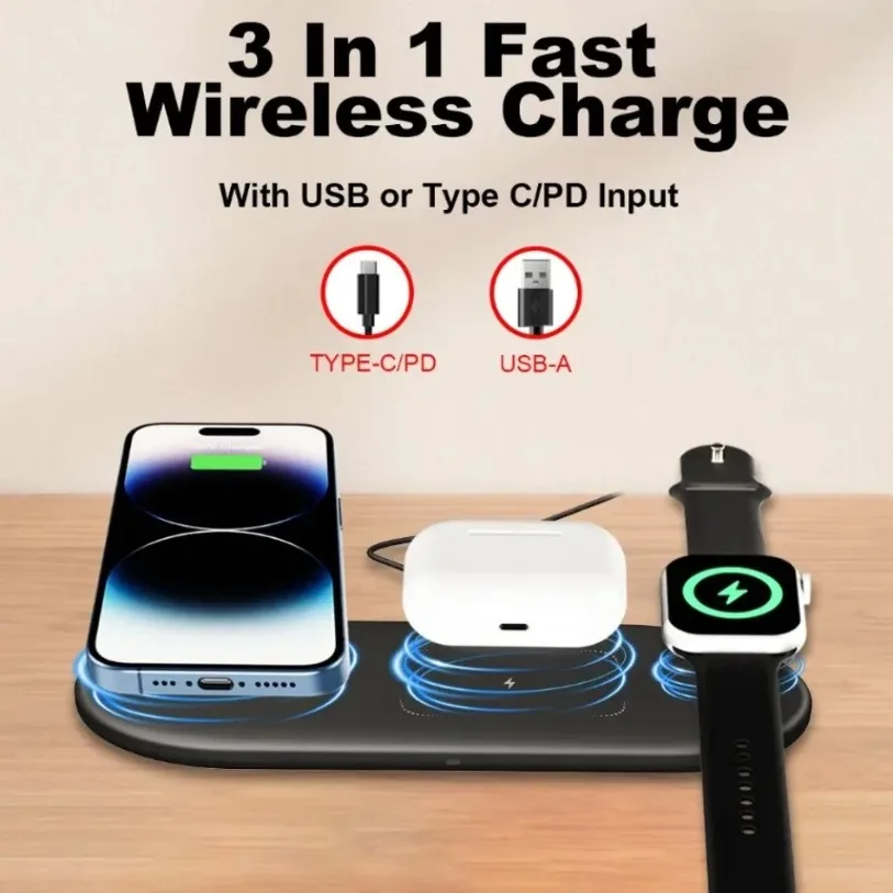 3 في 1 شاحن الهاتف اللاسلكي لوحة سطح المكتب 30 واط حامل شحن سريع آيفون 12 13 14 15 16 Samusng S22 iWatch Airpods Pro