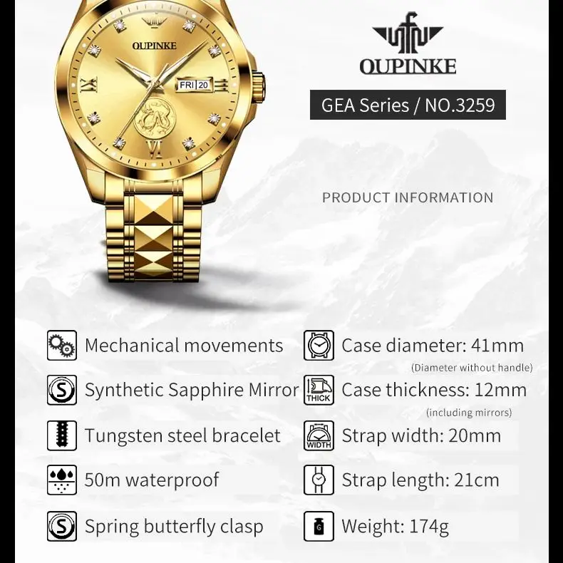 OUPINKE Luxury Brand Watch Men Real Gold Dragon Sculpture Japan Movement Luminous Waterproof Automatic Mechanical Man Wristwatch