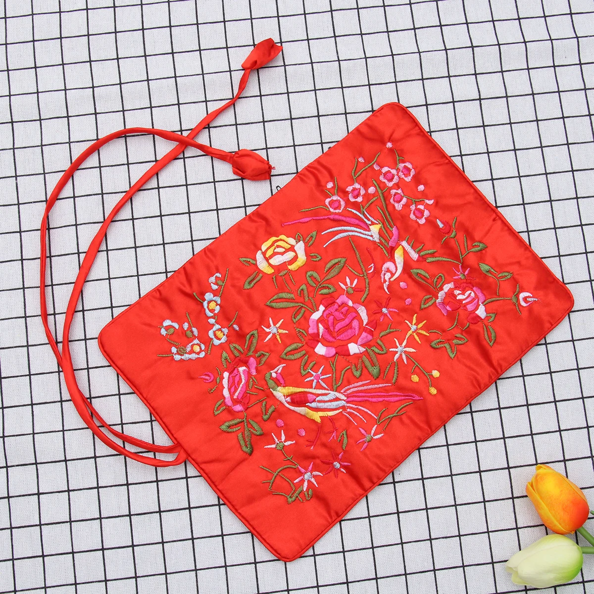 

Handmade Red Embroidered Jewelry Roll Bag Brocade Multifunctional Travel Organizer Jewelry Storage Pouch