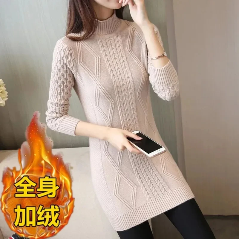 Womens 2023 Autumn/Winter New Loose Mid length Versatile Warm Half High Neck Knitted Bottom Sweater with Plush Thickened Sweater