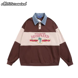 American Vintage Embroidery Denim Contrast Color Polo Design Spliced Casual Fashion Oversize Hip Hop Streetwear Youth Bf Style