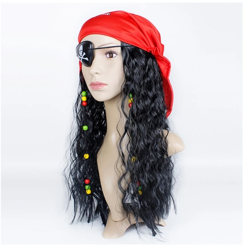 Black Curly Pirate-Cosplay Costume Pirate with Eye-Patch Scarf Set for Men and Women Halloween Costume Accessories Dropship