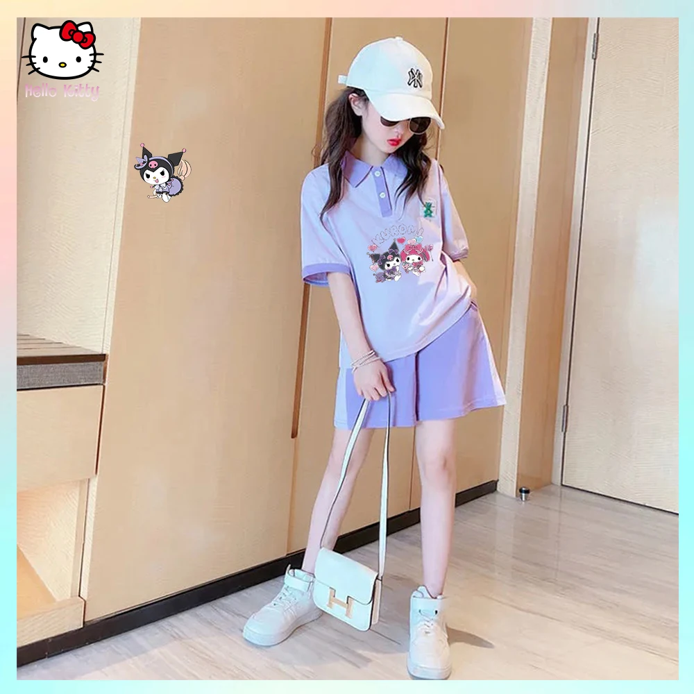 

Anime Girl's Short Sleeve T-Shirt Kuromi Melody Cartoon Sanrios Summer Kawaii Children Student Fashion Lapel Casual Clothes Set