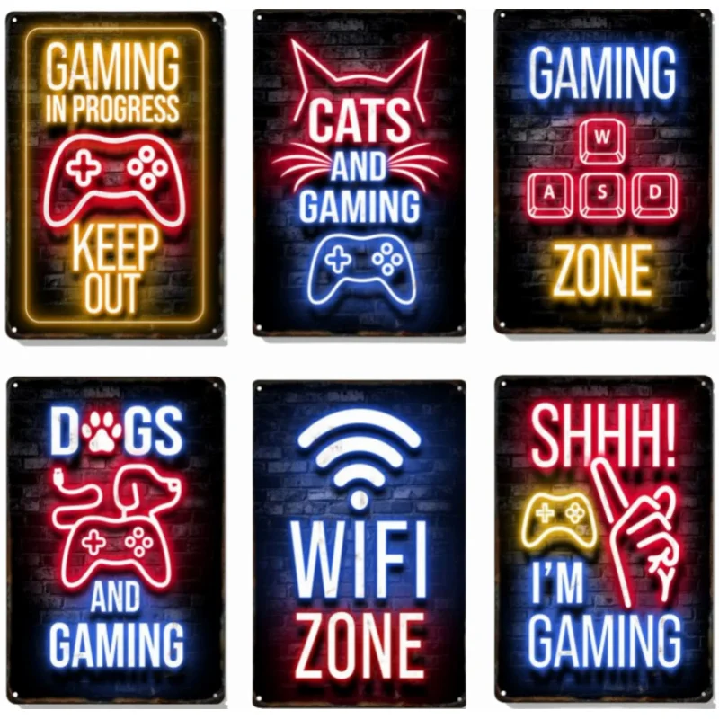 Gamepad Metal Poster Neon Light Glow Lettering Decorative Tin Sign Game Room Wall Art Plaque Modern Home Aesthetic 8 X 12 Inch