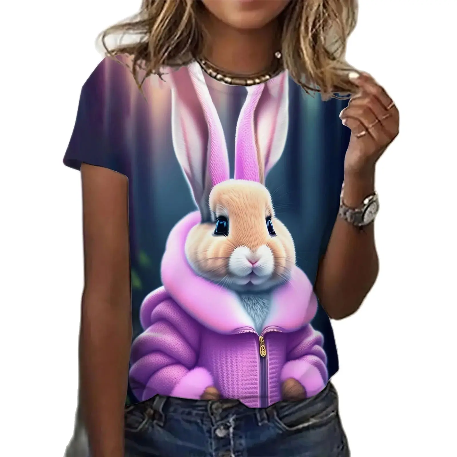 3D Funny Women's T Shirt Top Y2k Summer Loose Short Sleeve Tee Casual Cute Rabbit Pattern Print Trendy Street T Shirts for Girls