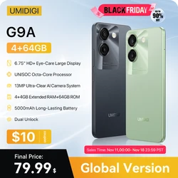 UMIDIGI G9A 안드로이드 14 스마트폰, 옥타코어 13MP 카메라, 64GB 6.75 인치 물방울 HD + 5000mAh 배터리, 듀얼 SIM 카드 핸드폰