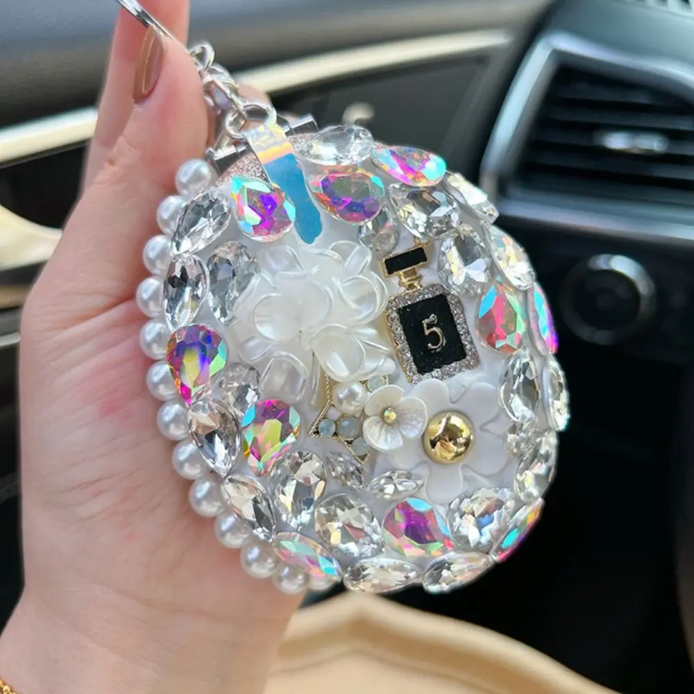 Creative Full Rhinestone Camellia Makeup Mirror Oval Elegant Car Keychain Sparkling Pearl Chain Touch Up Mirror Women