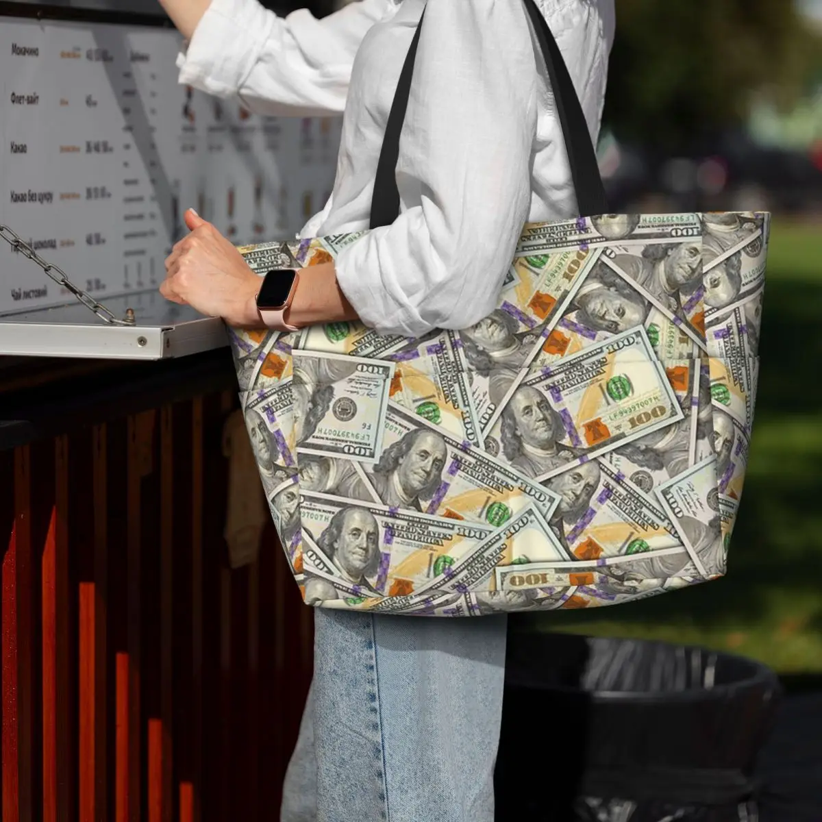 

Giant Money Background 100 Dollar Bills Beach Tote Bag Sport Gym Yoga Duffle Large Tote Bag Women Travel Bag Fitness bag