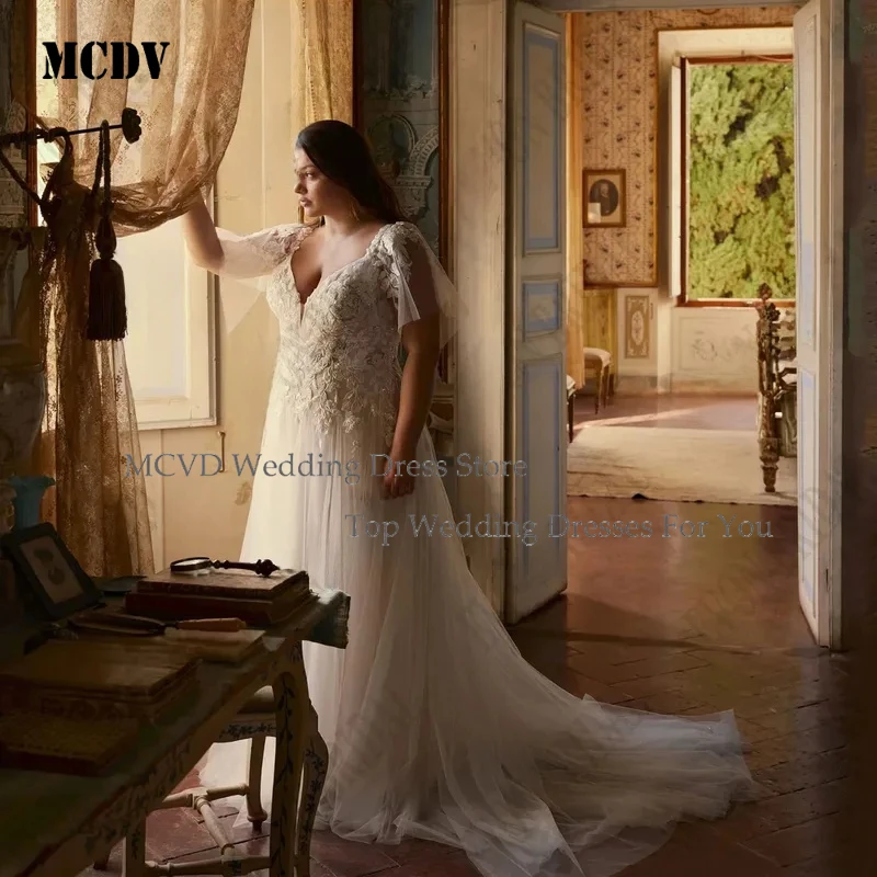 

MCDV Large Size Wedding Dresses for Women Boho V Neck Applique A Line Tulle Bride Gowns Custom Vestidos De Novia EVON BRIDAL